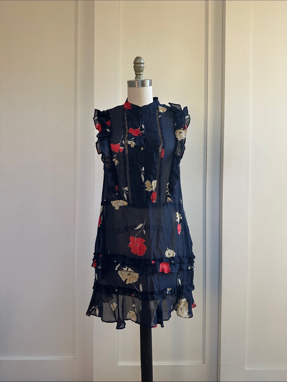 Sheer Navy Floral Ruffle Mini Dress - Red & Cream Flower